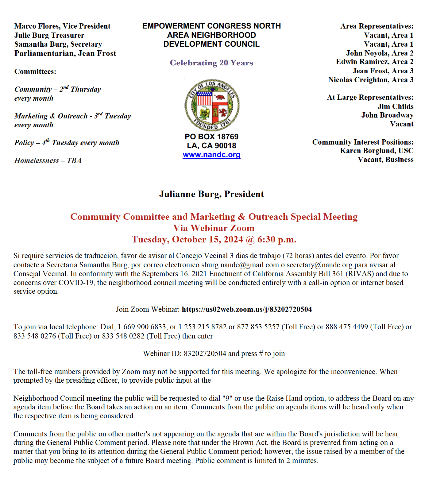 Community Committee and Marketing & Outreach Special Meeting