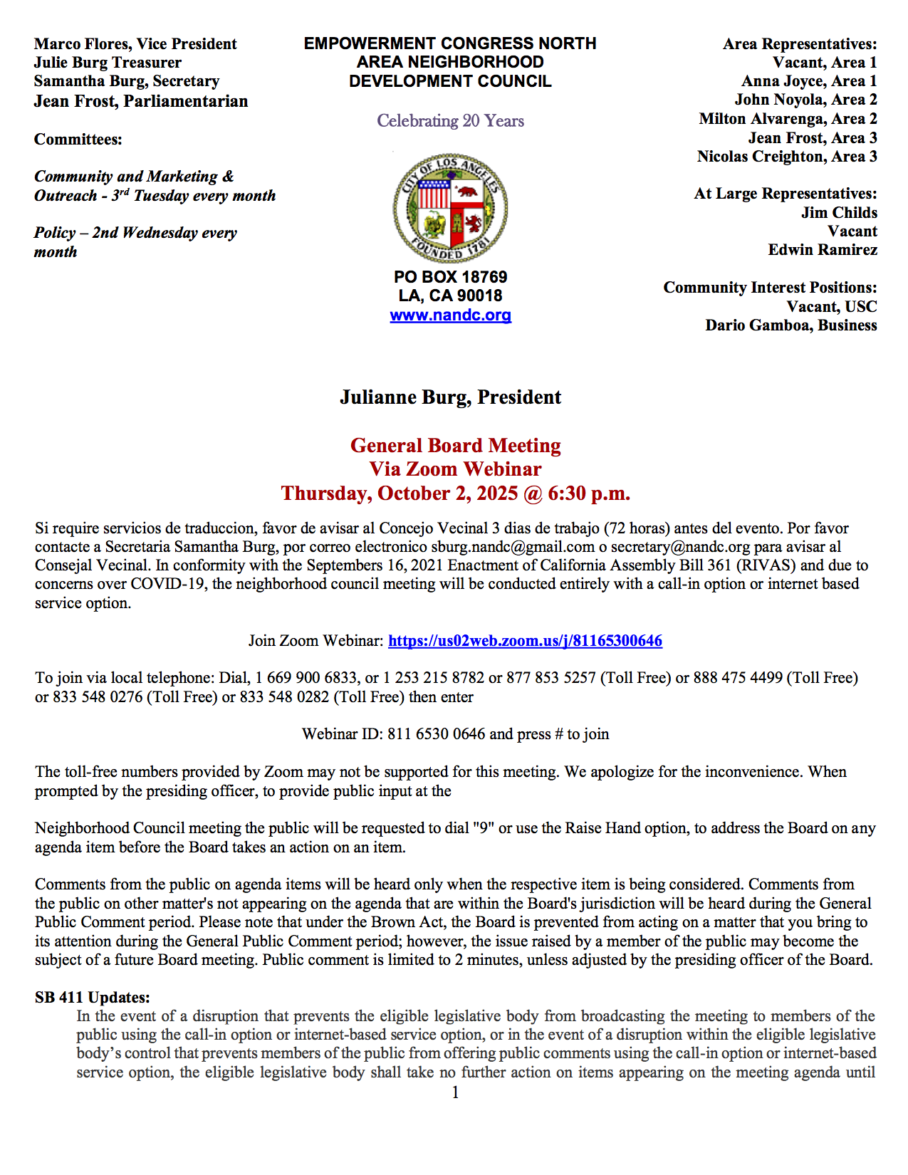 General Board Meeting - Via Zoom Webinar