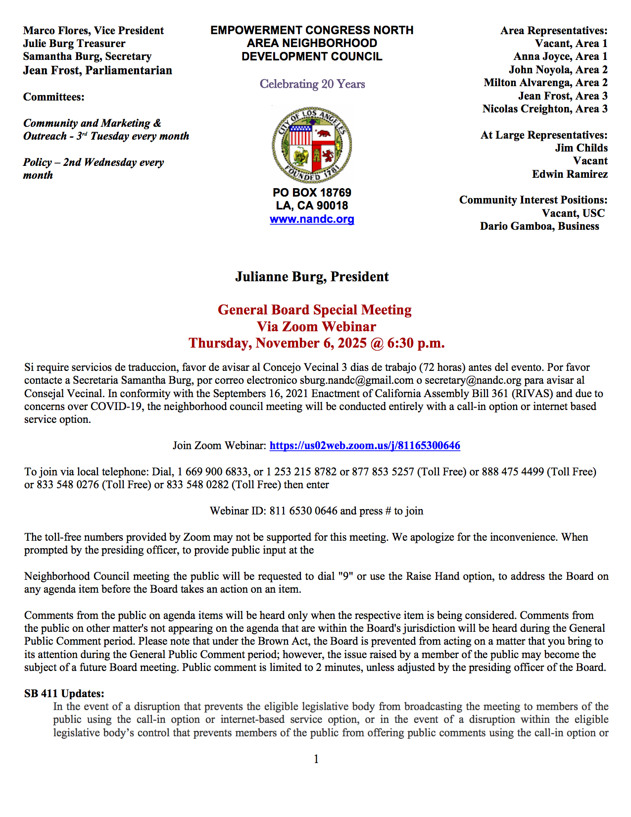 General Board Meeting - Via Zoom Webinar