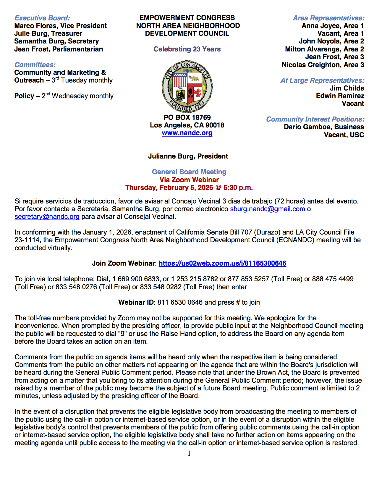 General Board Meeting - Via Zoom Webinar