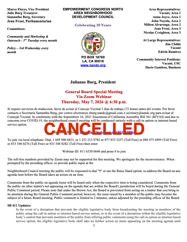 General Board Meeting - Cancelled